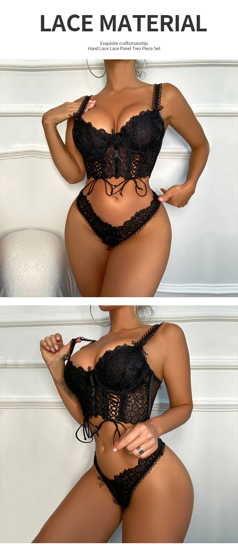 Wholesale Women Black Sexy Lingerie Embroidery Flower Set Ladies Chain Lingerie